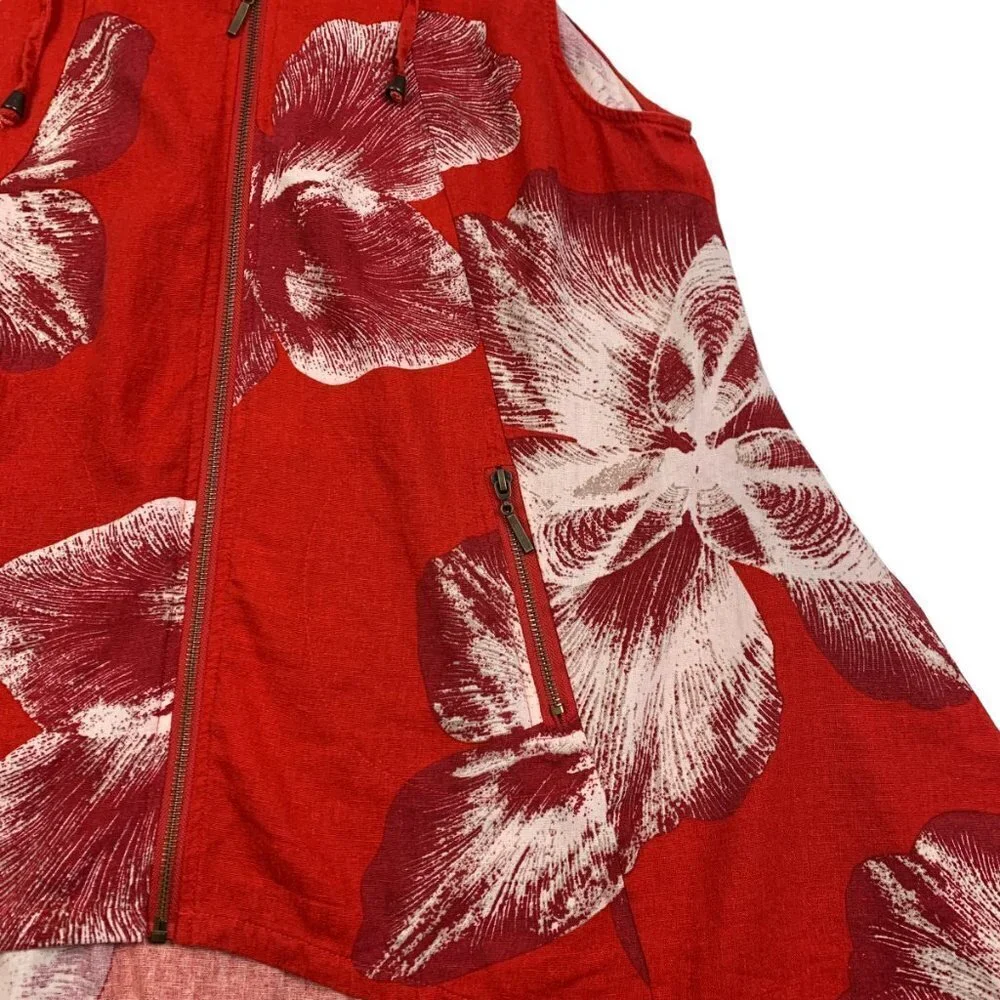 For Cynthia Floral Hi-Lo Linen/Viscose Blend Hooded Zip Front Vest Women's SZ XL